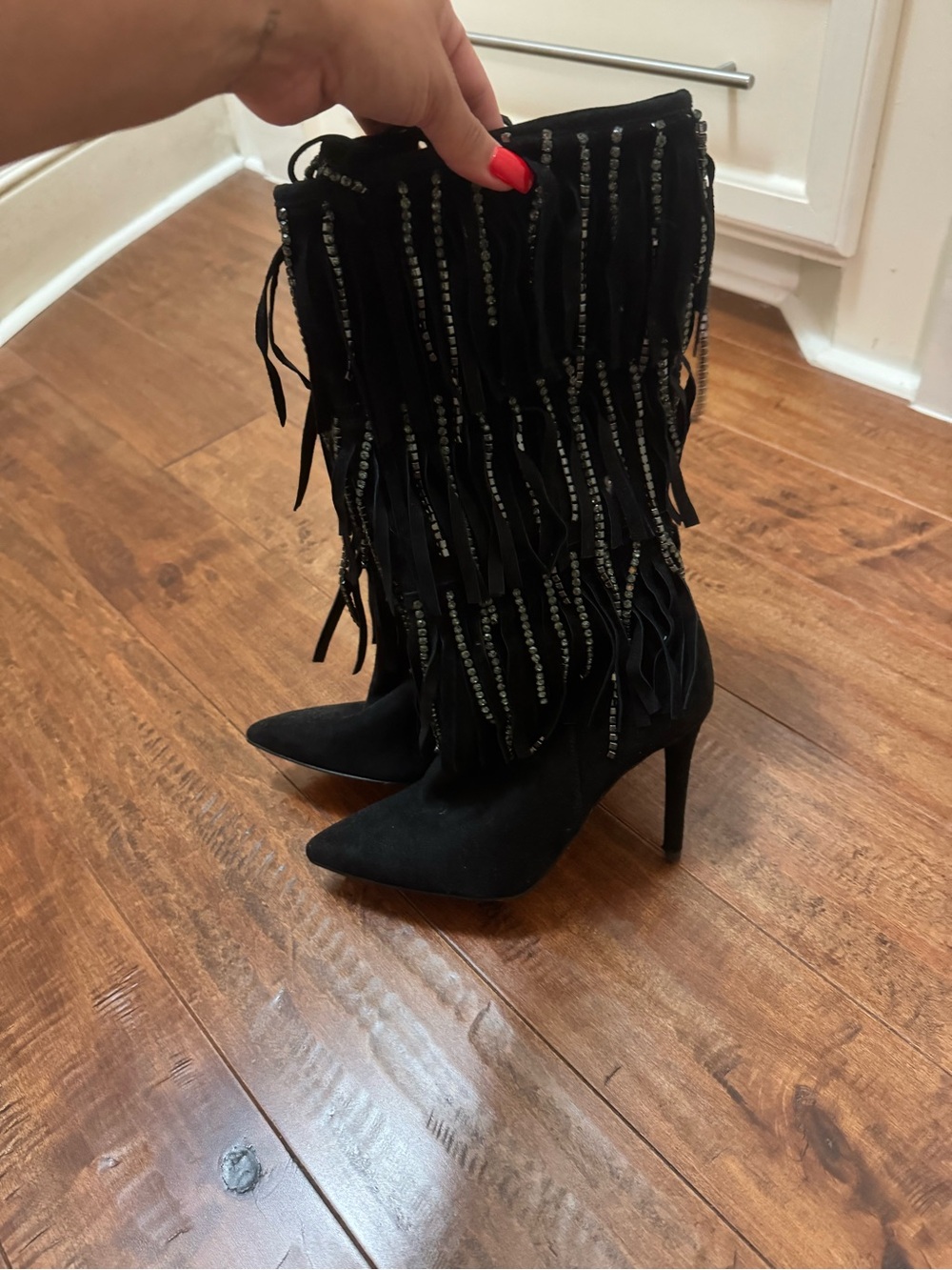 Jessica Simpson Black Beaded Fringe Stiletto Boots